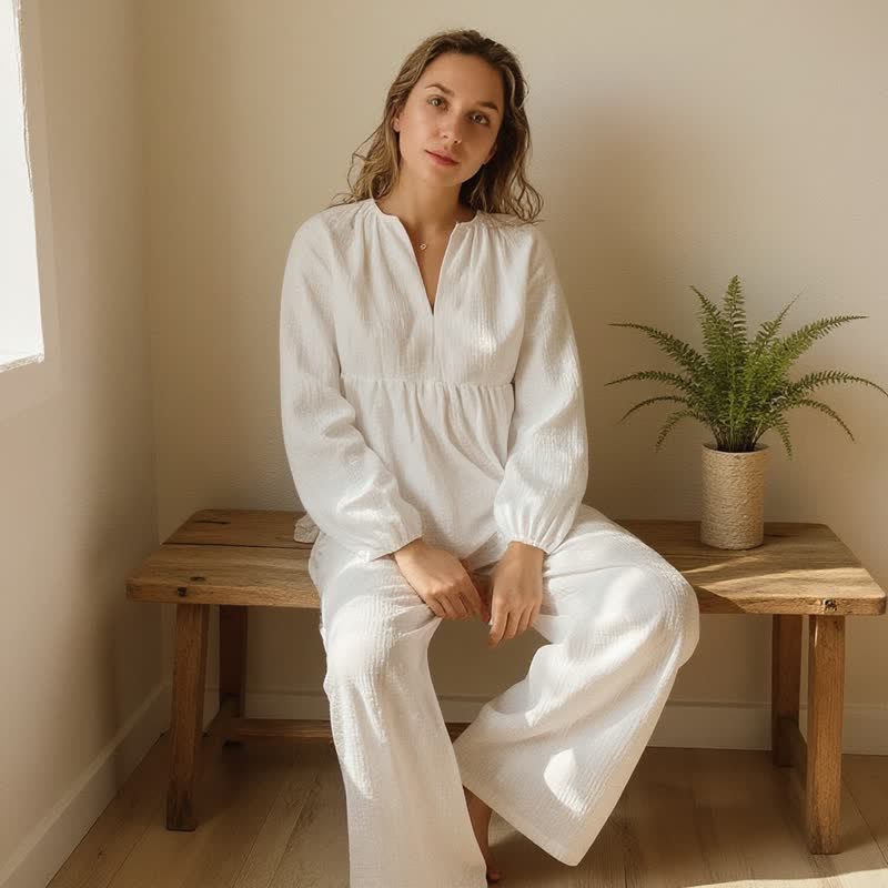 Ownkoti Solid White Cotton Gauze Loungewear Set - image 4