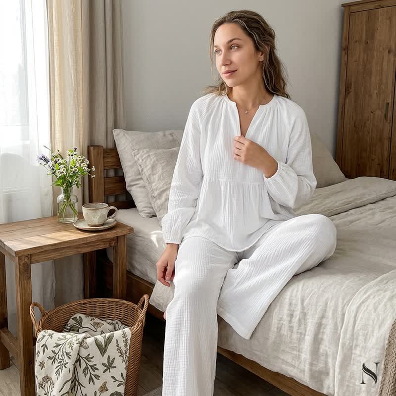 Ownkoti Solid White Cotton Gauze Loungewear Set - White - L - image 0