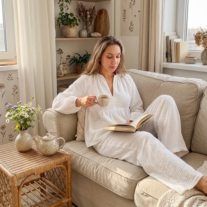 Ownkoti Solid White Cotton Gauze Loungewear Set - image 2