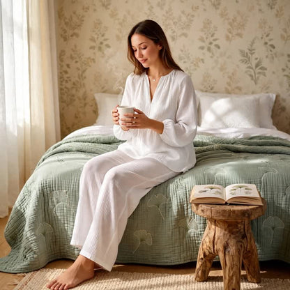 Ownkoti Solid White Cotton Gauze Loungewear Set - image 1