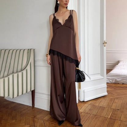 Ownkoti Elegant Lace Trim Cami Lounge Set - Brown - L - image 10