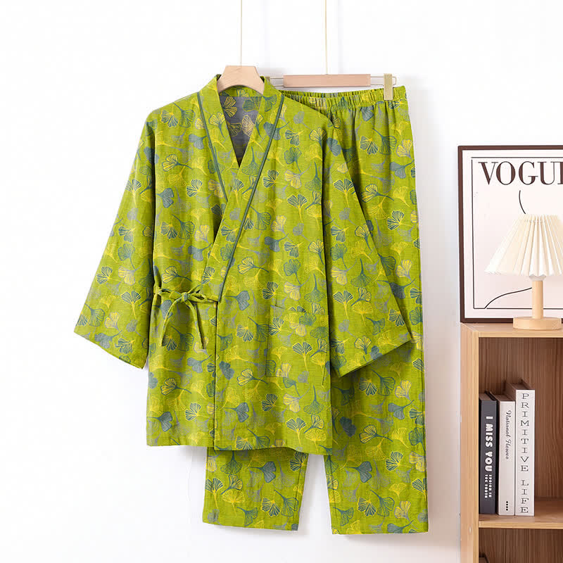 Ownkoti Ginkgo Leaf Cotton Kimono Lounge Pajama Set - Green - XL - image 0