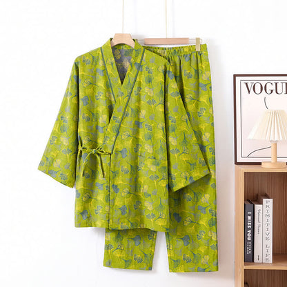 Ownkoti Ginkgo Leaf Cotton Kimono Lounge Pajama Set - Green - XL - image 0