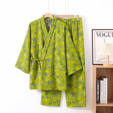 Ownkoti Ginkgo Leaf Cotton Kimono Lounge Pajama Set - Green - XL - image 0