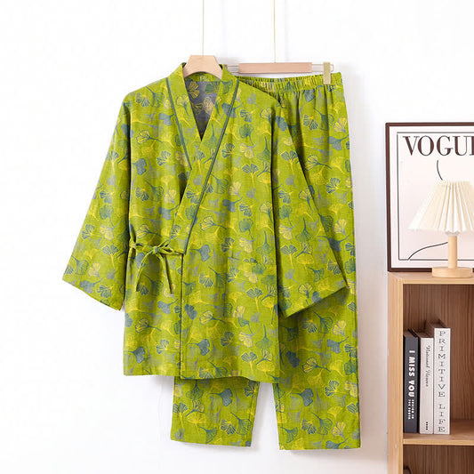 Ownkoti Ginkgo Leaf Cotton Kimono Lounge Pajama Set - Green - XL - image 0