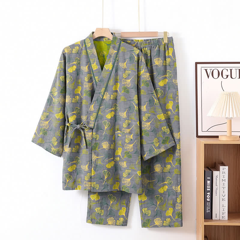 Ownkoti Ginkgo Leaf Cotton Kimono Lounge Pajama Set - Light Gray - XL - image 6