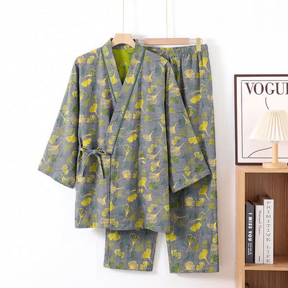 Ownkoti Ginkgo Leaf Cotton Kimono Lounge Pajama Set - Light Gray - XL - image 6