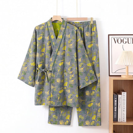 Ownkoti Ginkgo Leaf Cotton Kimono Lounge Pajama Set - Light Gray - XL - image 0