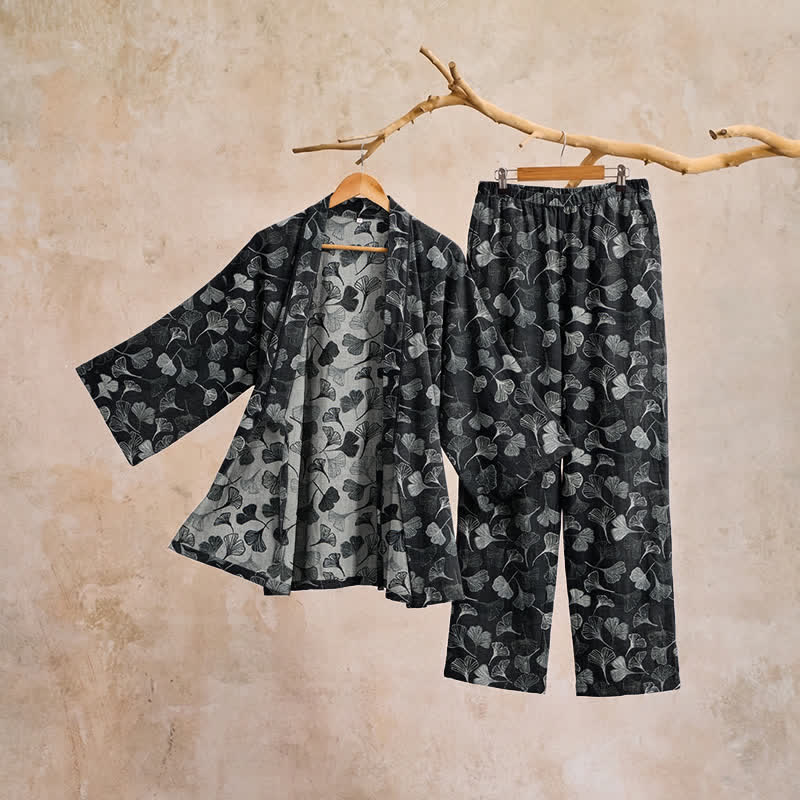 Ownkoti Ginkgo Leaf Cotton Long‑Sleeve Loungewear Set - image 3