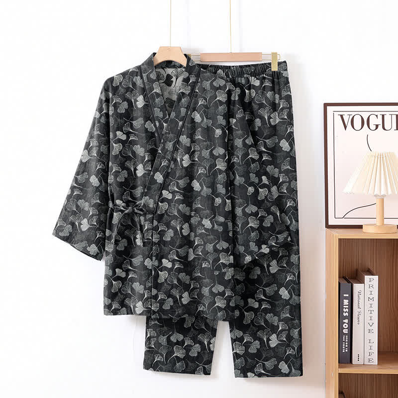 Ownkoti Ginkgo Leaf Cotton Long‑Sleeve Loungewear Set - Black - XL - image 0