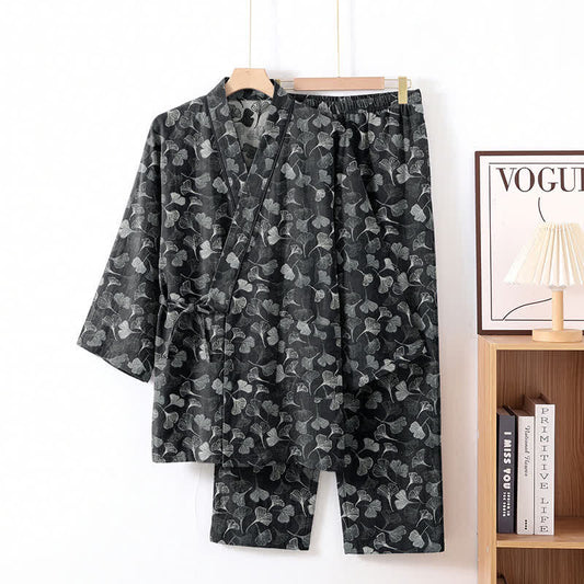 Ownkoti Ginkgo Leaf Cotton Long‑Sleeve Loungewear Set - Black - XL - image 0