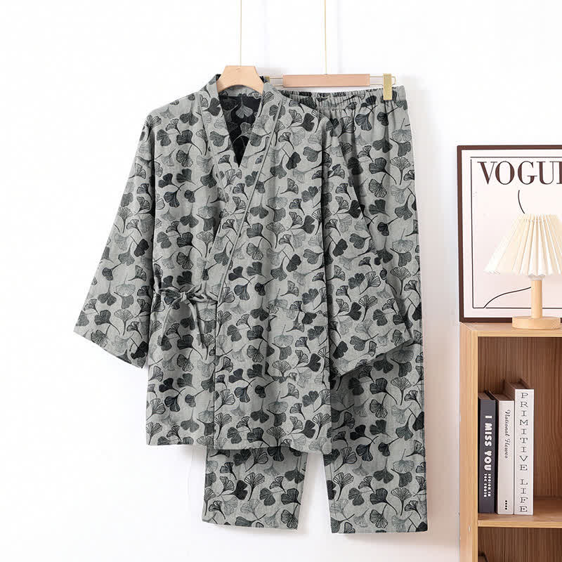 Ownkoti Ginkgo Leaf Cotton Long‑Sleeve Loungewear Set - White - XL - image 5
