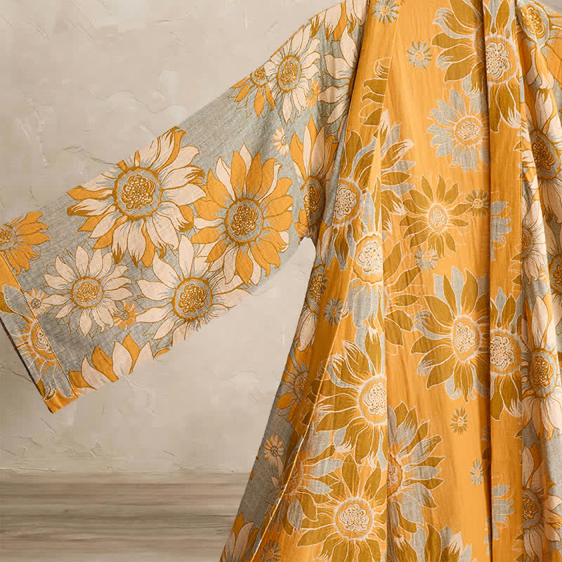 Ownkoti Vintage Sunflower Cotton Kimono Bathrobe - image 10