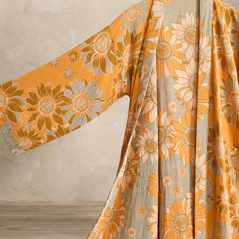Ownkoti Vintage Sunflower Cotton Kimono Bathrobe - image 3