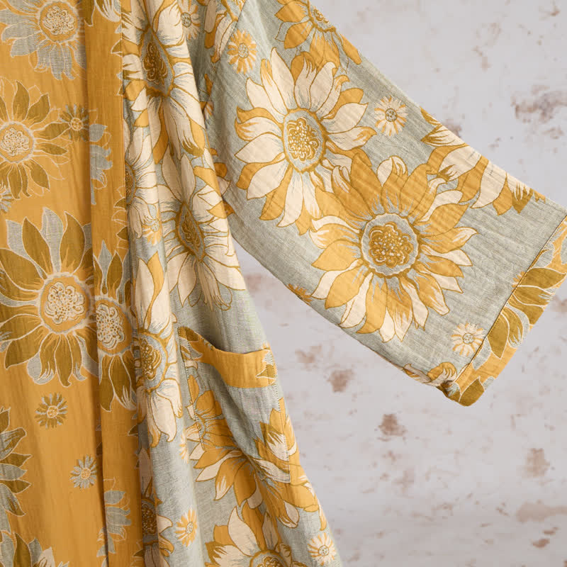 Ownkoti Vintage Sunflower Cotton Kimono Bathrobe - image 11
