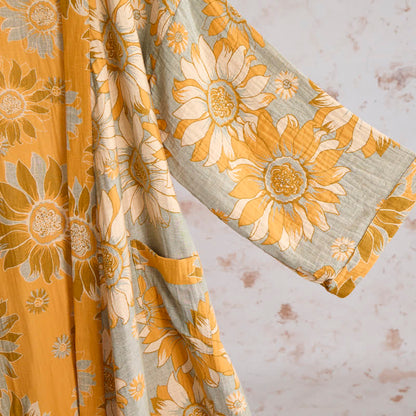 Ownkoti Vintage Sunflower Cotton Kimono Bathrobe - image 11
