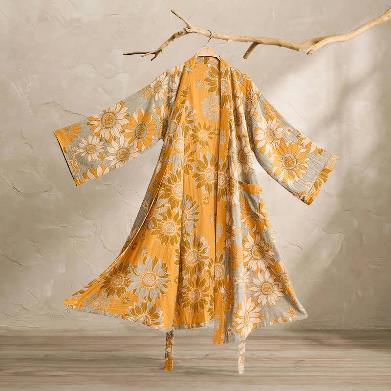 Ownkoti Vintage Sunflower Cotton Kimono Bathrobe - Grey - 2XL - image 7