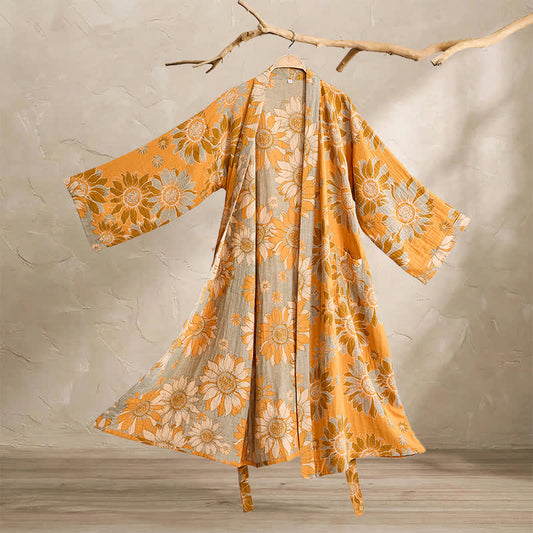 Ownkoti Vintage Sunflower Cotton Kimono Bathrobe - Orange - 2XL - image 0