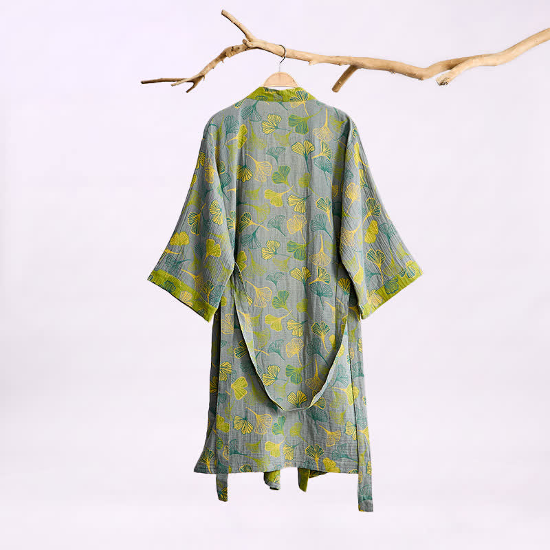 Ownkoti Green Gray Ginkgo Leaf Cotton Kimono Robe - image 5