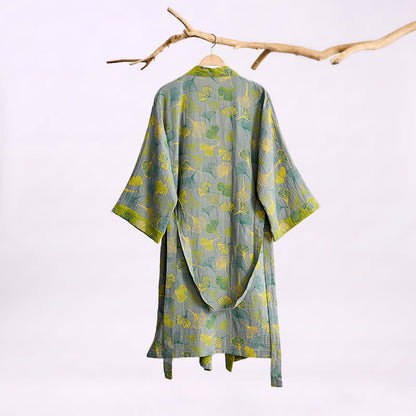 Ownkoti Green Gray Ginkgo Leaf Cotton Kimono Robe - image 5
