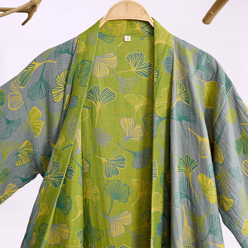 Ownkoti Green Gray Ginkgo Leaf Cotton Kimono Robe - image 6