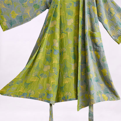 Ownkoti Green Gray Ginkgo Leaf Cotton Kimono Robe - image 7