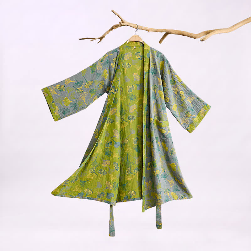 Ownkoti Green Gray Ginkgo Leaf Cotton Kimono Robe - Grey - 2XL - image 4