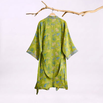 Ownkoti Green Gray Ginkgo Leaf Cotton Kimono Robe - image 1