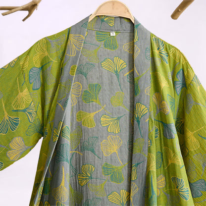 Ownkoti Green Gray Ginkgo Leaf Cotton Kimono Robe - image 2