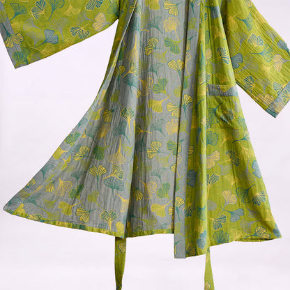 Ownkoti Green Gray Ginkgo Leaf Cotton Kimono Robe - image 3