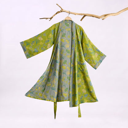 Ownkoti Green Gray Ginkgo Leaf Cotton Kimono Robe - Green - 2XL - image 0