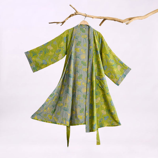 Ownkoti Green Gray Ginkgo Leaf Cotton Kimono Robe - Green - 2XL - image 0