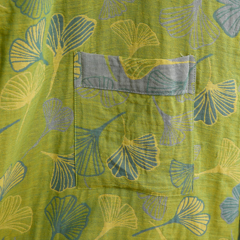 Ownkoti Green Gray Ginkgo Leaf Cotton Kimono Robe - image 8