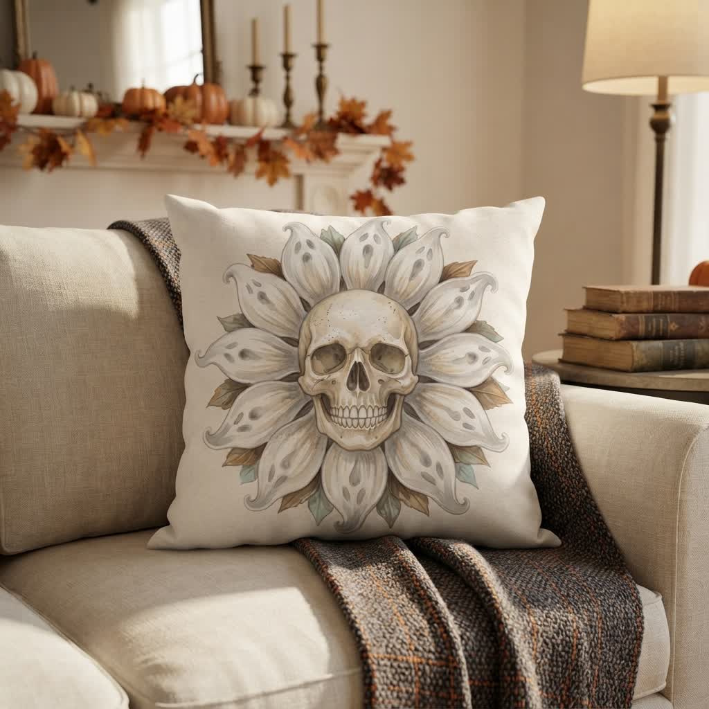 Ownkoti Ghost Sunflower Skull Plush Accent Pillow  - Cover + Insert - 2PCS - 18" x 18" - image 0