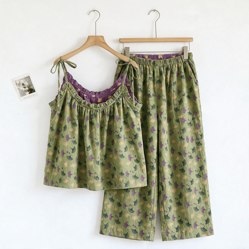 Ownkoti Ginkgo Biloba Leaf Cami Pajama Set - Green & Purple - XL - image 10