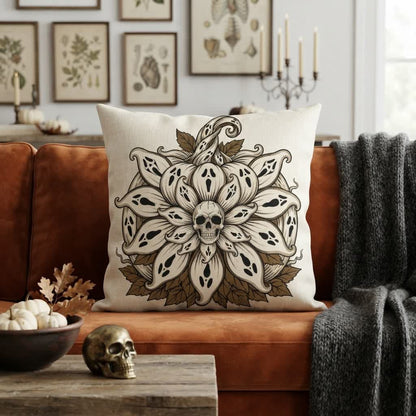 Ownkoti Ghost-Sunflower Mandala Skull Throw Pillow - image 1
