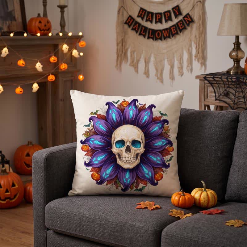 Ownkoti Spooky Sunflower Skull Plush Throw Pillow  - Cover + Insert - 2PCS - 18" x 18" - image 0