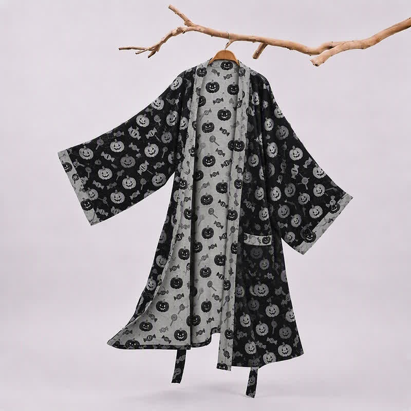 Ownkoti Halloween Pumpkin Candy Cotton Kimono Robe - Black - 2XL - image 0