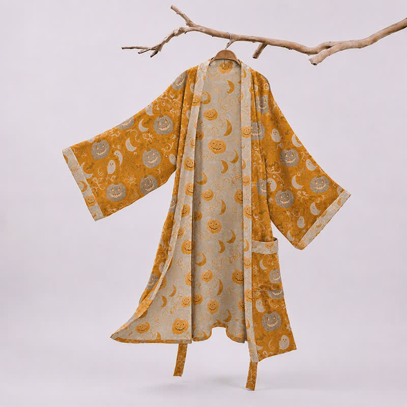 Ownkoti Halloween Kimono Robe With Pumpkins & Ghosts - Orange - 2XL - image 0