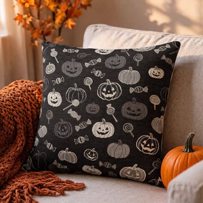 Ownkoti Halloween Pumpkin Candy Cotton Pillow - Black - 18" x 18" - With Insert - image 0