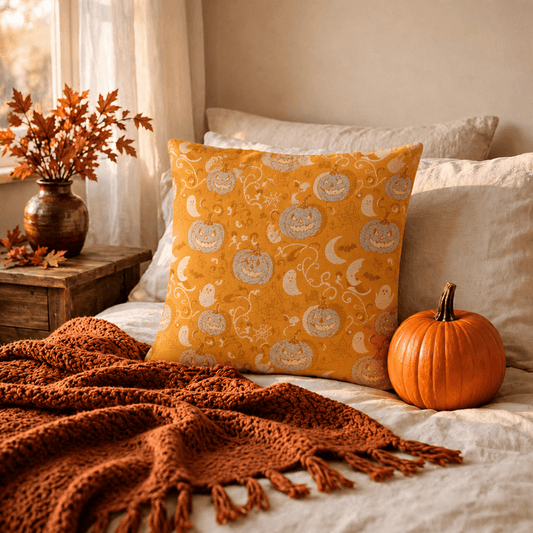 Ownkoti Orange Pumpkin Ghost Cotton Throw Pillow - Orange - 18" x 18" - With Insert - image 0