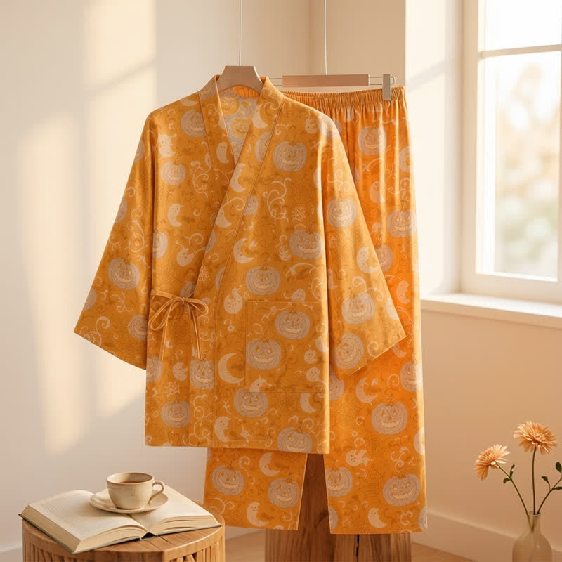 Ownkoti Halloween Pumpkin Ghost Cotton Kimono Pajama Set - image 1