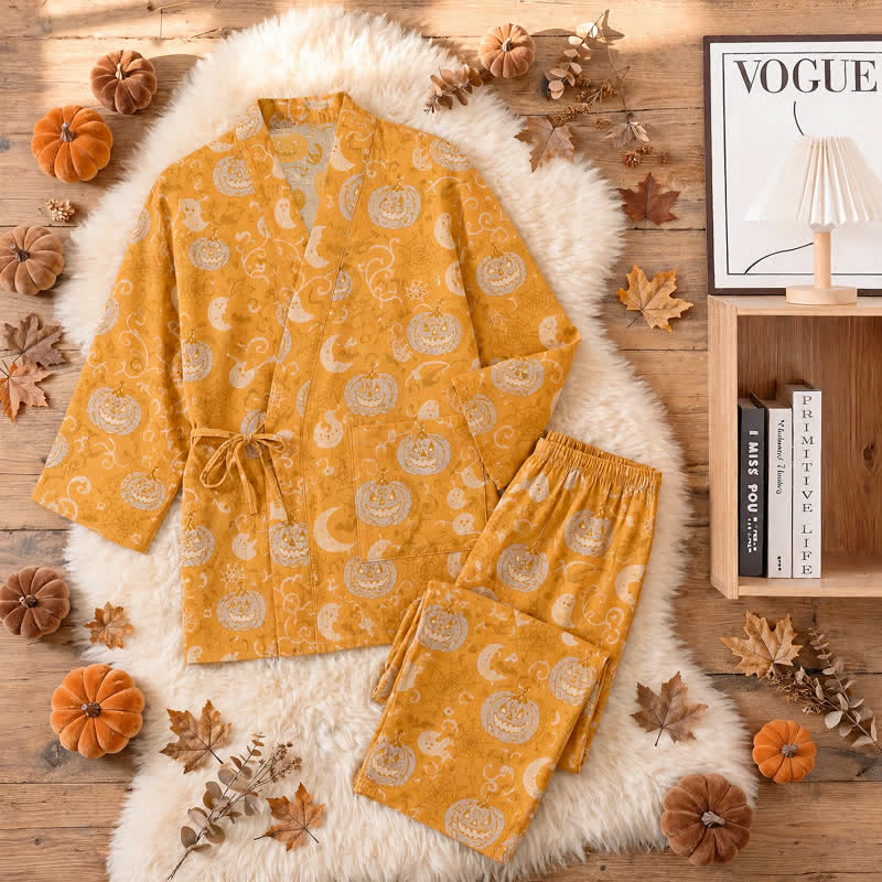 Ownkoti Halloween Pumpkin Ghost Cotton Kimono Pajama Set - image 3