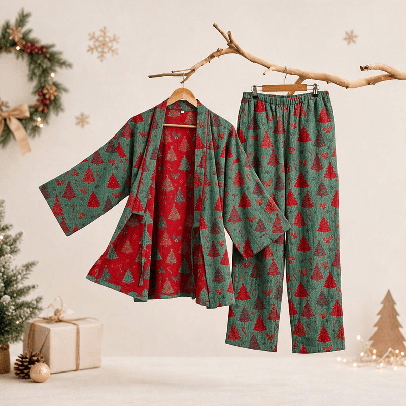 Ownkoti Christmas Tree Cotton Kimono Loungewear Set - Green - XL - image 1
