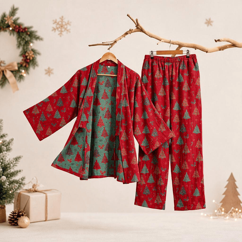 Ownkoti Christmas Tree Cotton Kimono Loungewear Set - Red - XL - image 8
