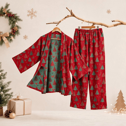 Ownkoti Christmas Tree Cotton Kimono Loungewear Set - Red - XL - image 8