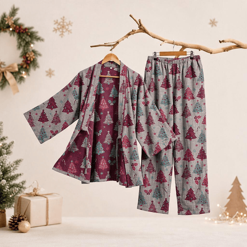 Ownkoti Christmas Tree Cotton Kimono Loungewear Set - Beige - XL - image 24