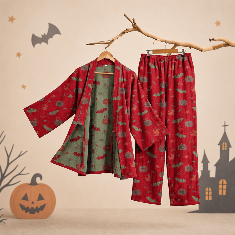 Ownkoti Halloween Pumpkin Bat Cotton Pajama Set - Red - XL - image 1