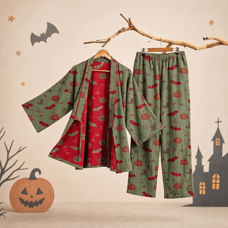 Ownkoti Halloween Pumpkin Bat Cotton Pajama Set - Green - XL - image 10