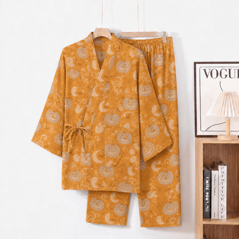 Ownkoti Halloween Pumpkin Ghost Cotton Kimono Pajama Set - Orange - XL - image 0